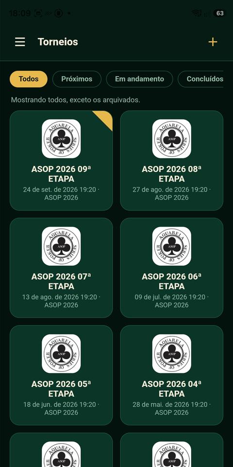 Lista de torneios do home game ASOP, com a logo do grupo em cada etapa
