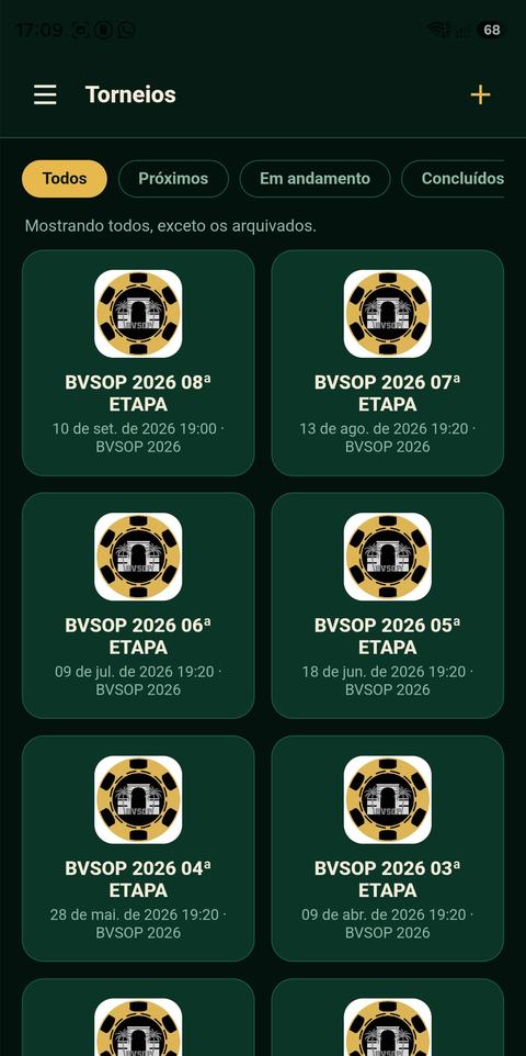Lista de torneios do home game BVSOP, com a logo do grupo em cada etapa