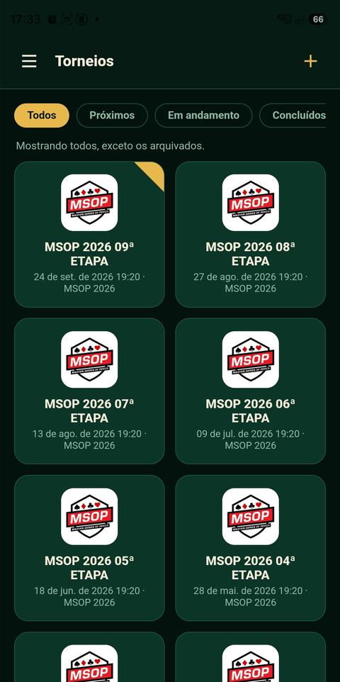 Lista de torneios do home game MSOP, com a logo do grupo em cada etapa